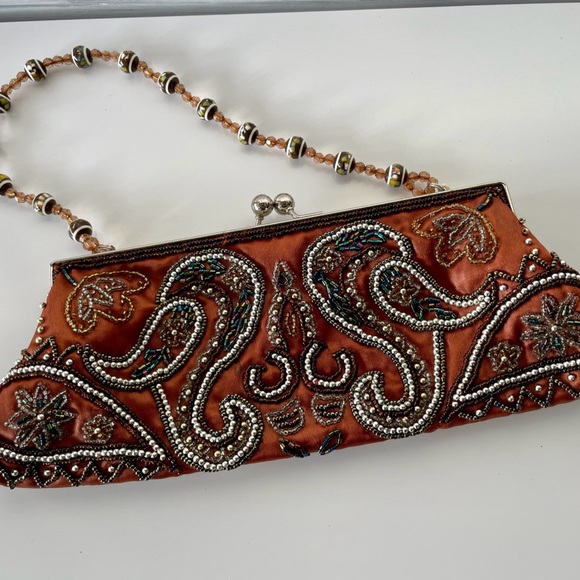 Apt. 9 Handbags - Apt. 9 Beaded Satin Kiss Lock Mini Handbaf Clutch Paisley Brown-Silver Dressy